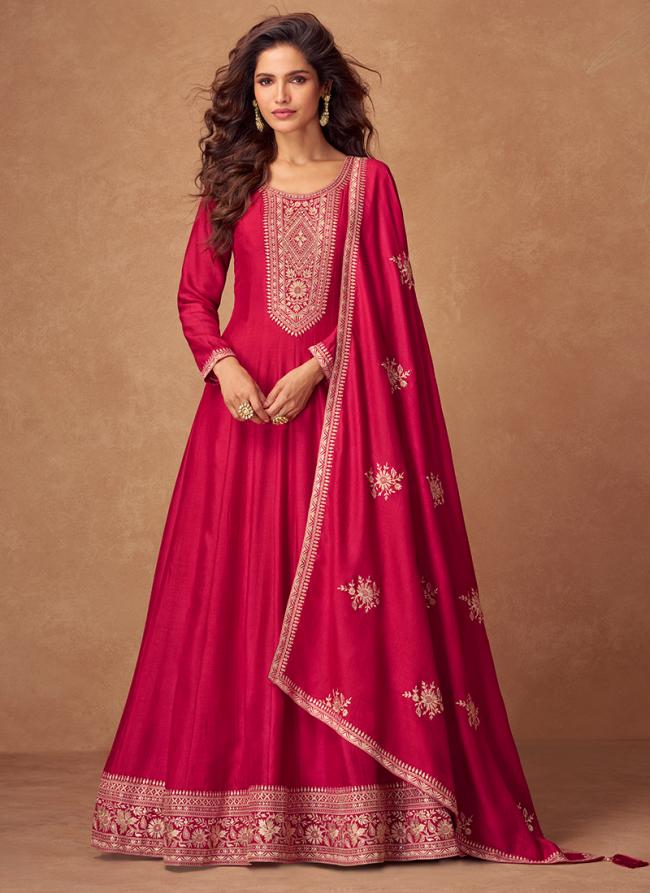 Premium Silk Hot Pink Ceremonial Wear Embroidery Work Readymade Anarkali Suit